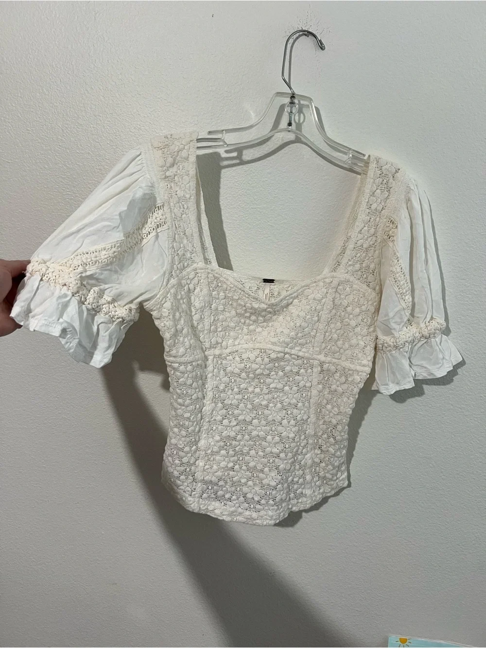 Free People Ivory Lace Square-Neck Puff Sleeve Top
